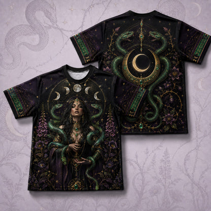 Serpent Goddess Green Snake T-Shirt Crescent Moon Occult Tee front and back together