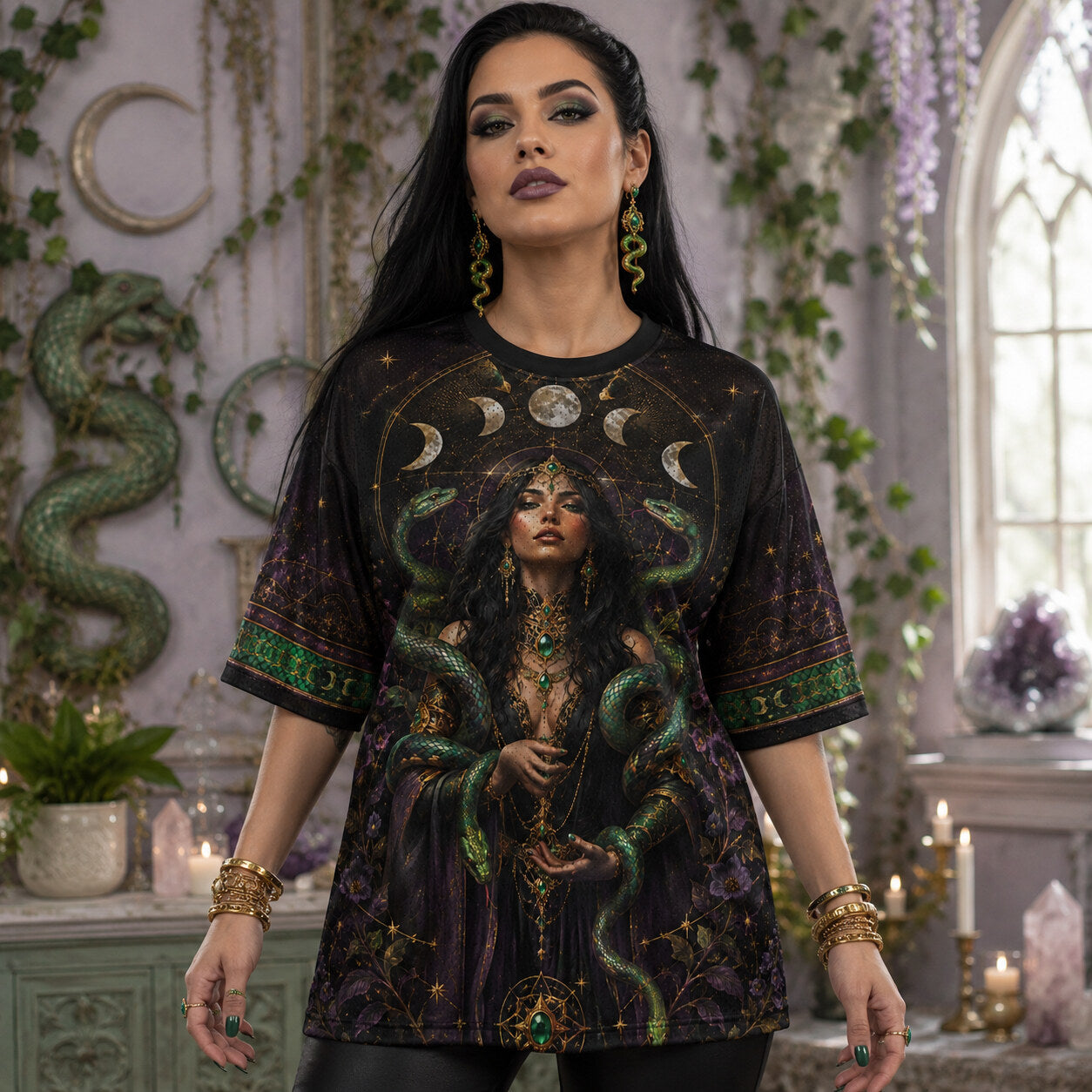 Serpent Goddess Green Snake T-Shirt Crescent Moon Occult Tee worn, front view