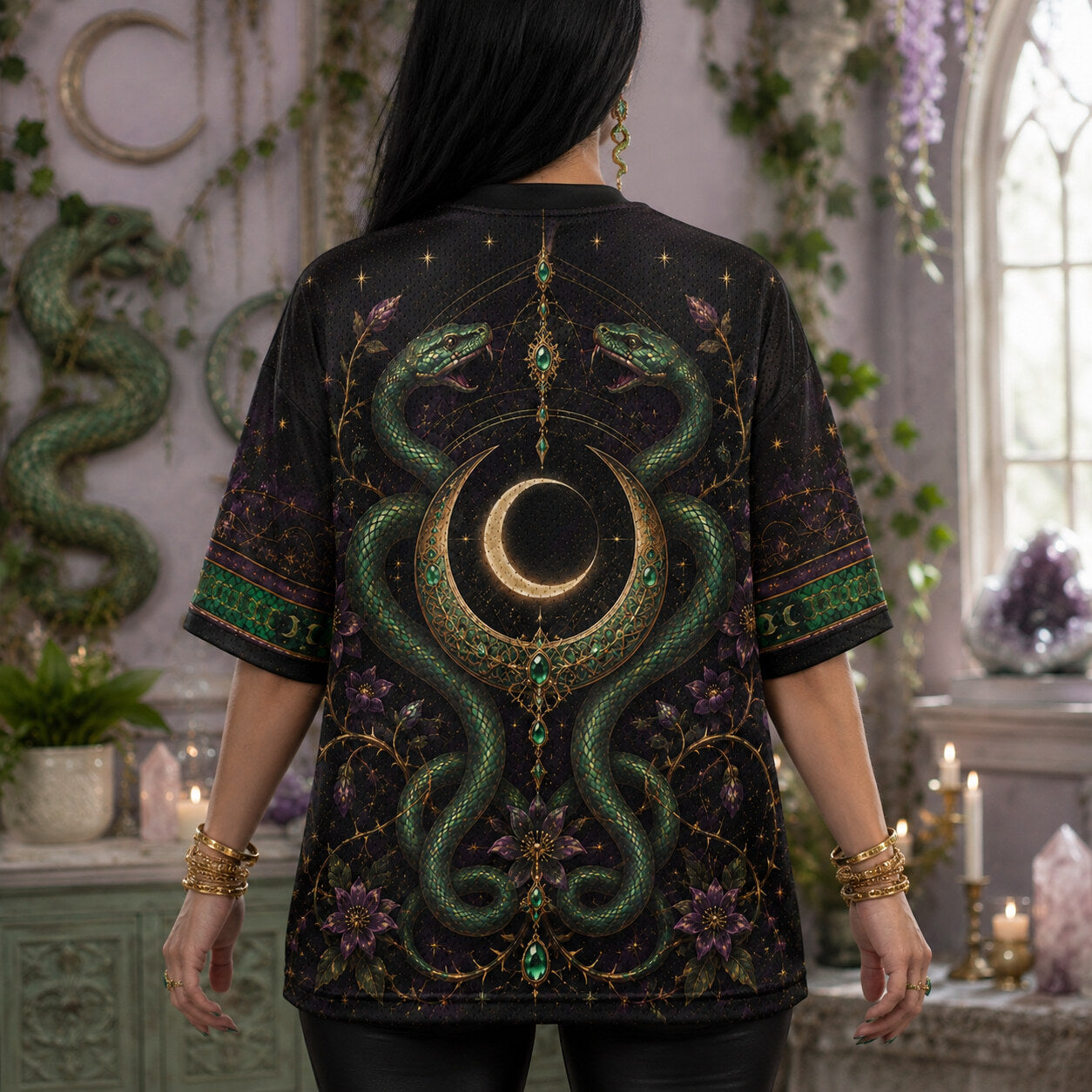 Serpent Goddess Green Snake T-Shirt Crescent Moon Occult Tee worn, back view
