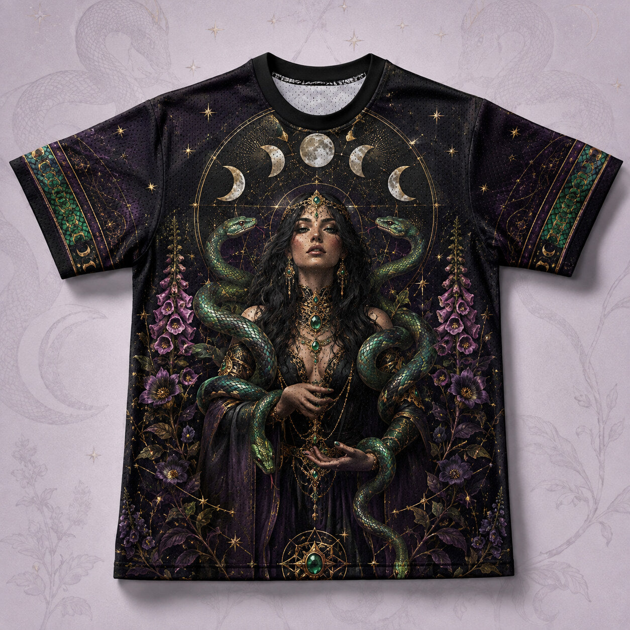 Serpent Goddess Green Snake T-Shirt Crescent Moon Occult Tee front view