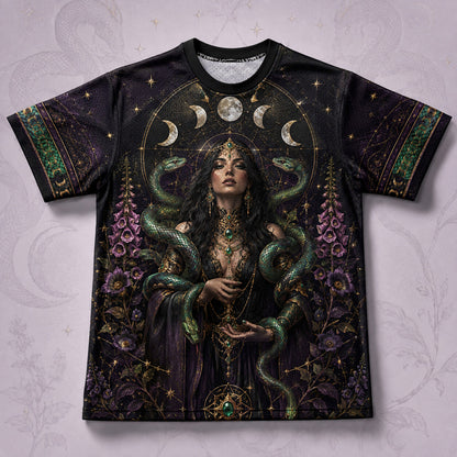 Serpent Goddess Green Snake T-Shirt Crescent Moon Occult Tee front view
