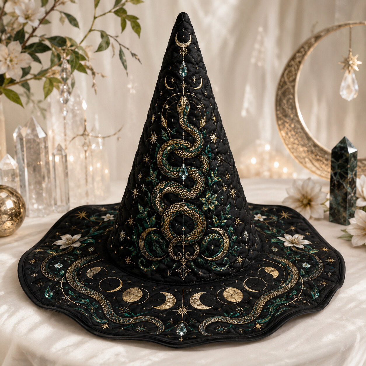 Serpent Moon Witch Hat – Celestial Moon Phase Wiccan Wide Brim Hat – on an altar table