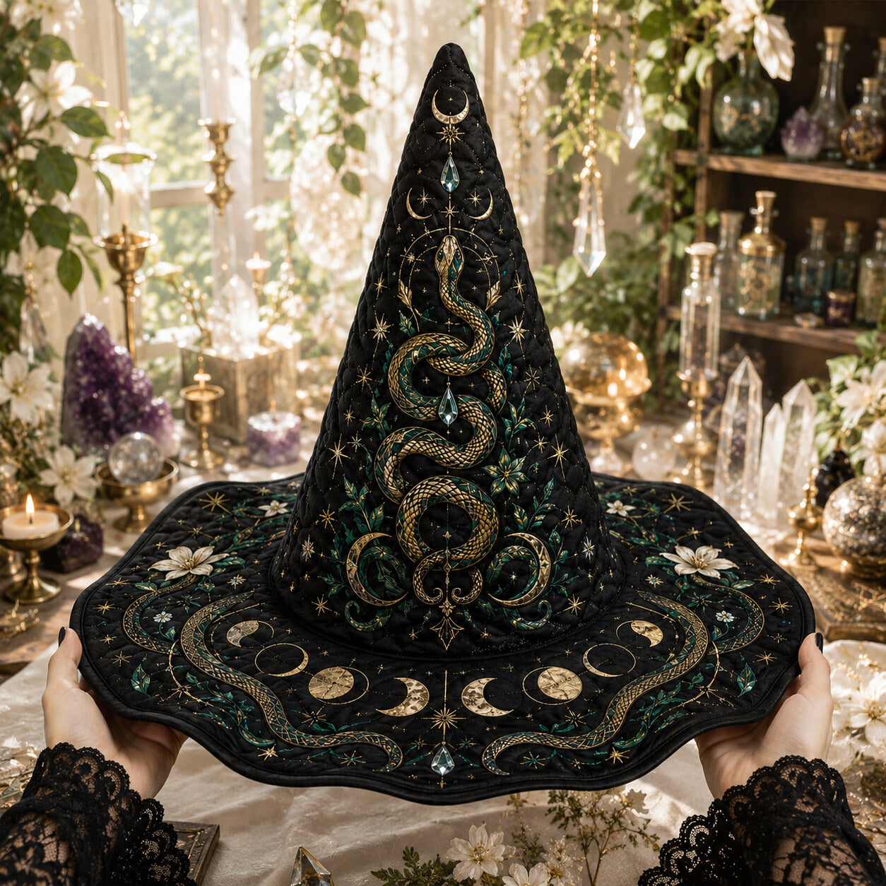 Serpent Moon Witch Hat – Celestial Moon Phase Wiccan Wide Brim Hat – styled with candles and crystals