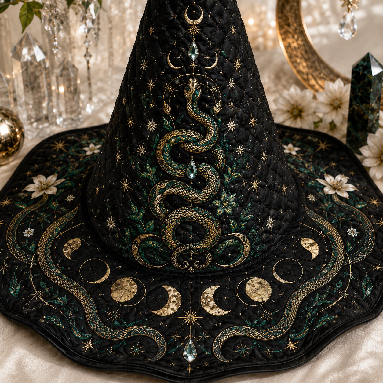 Serpent Moon Witch Hat – Celestial Moon Phase Wiccan Wide Brim Hat – worn, front view