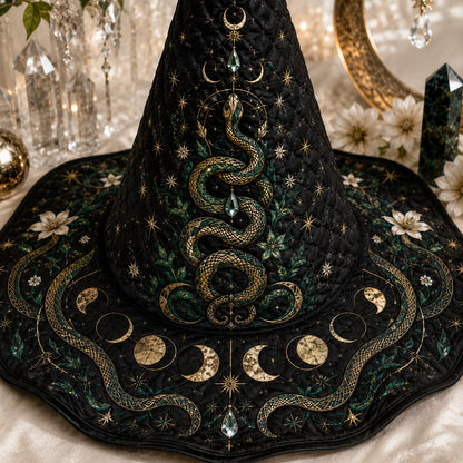 Serpent Moon Witch Hat – Celestial Moon Phase Wiccan Wide Brim Hat – worn, front view