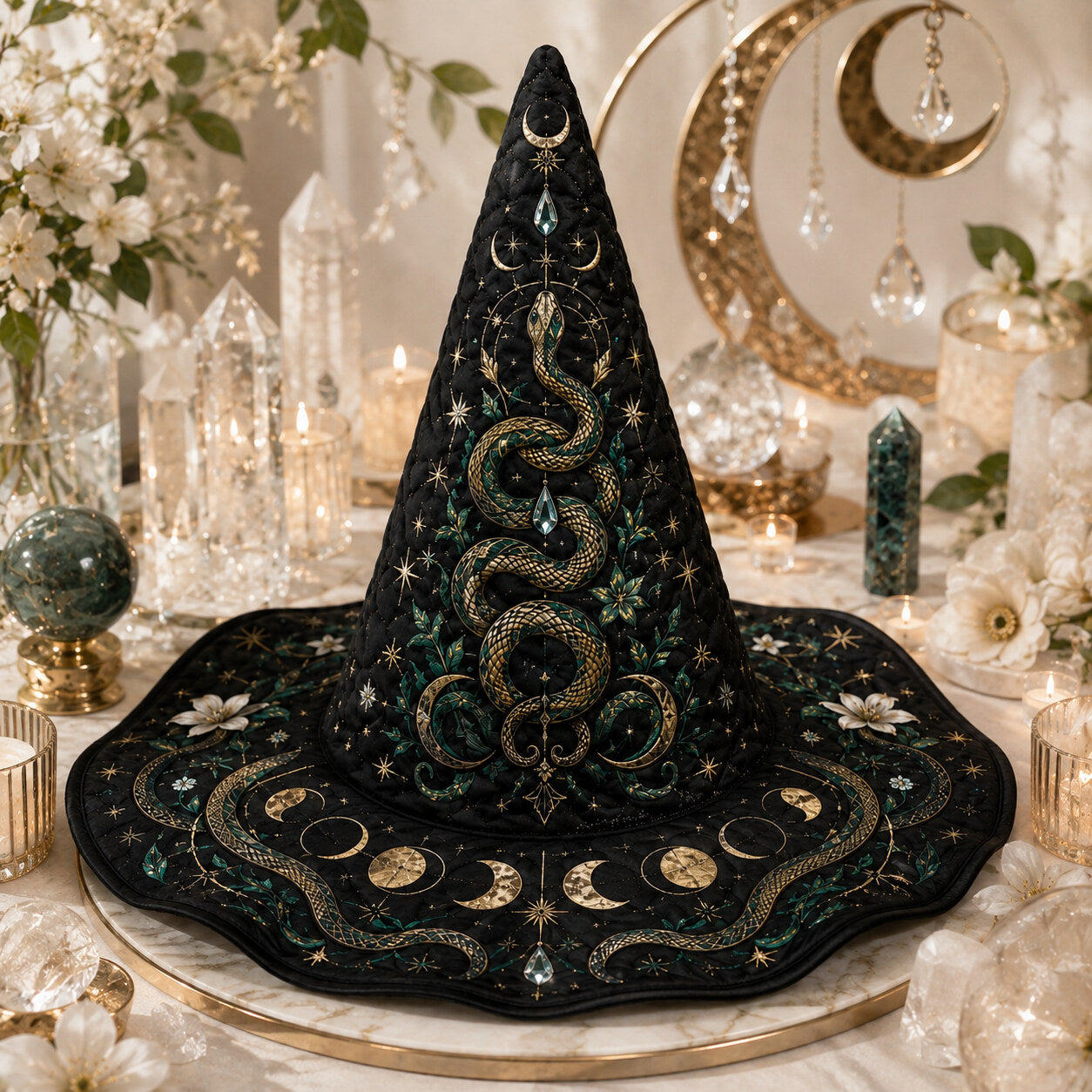 Serpent Moon Witch Hat – Celestial Moon Phase Wiccan Wide Brim Hat – held in both hands