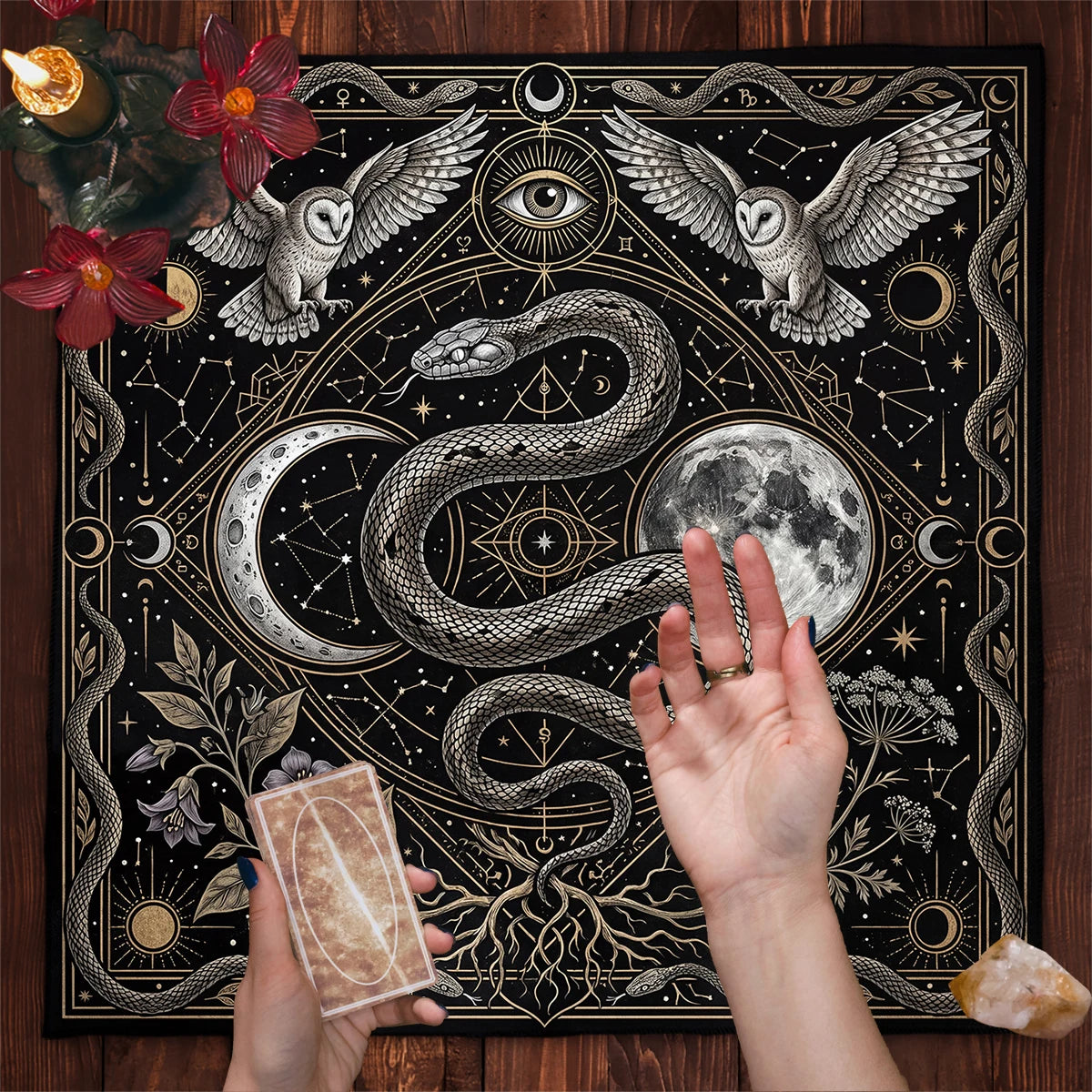 Constellation tarot mat – serpent and star map detail close-up