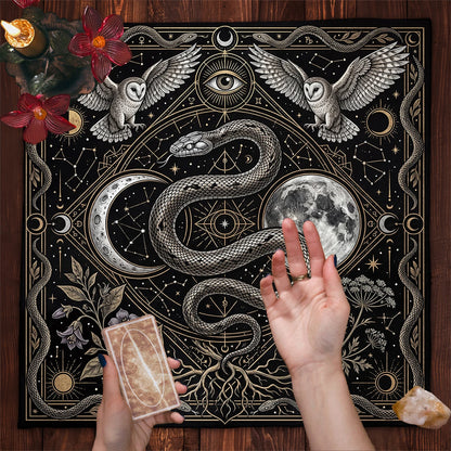 Constellation tarot mat – serpent and star map detail close-up