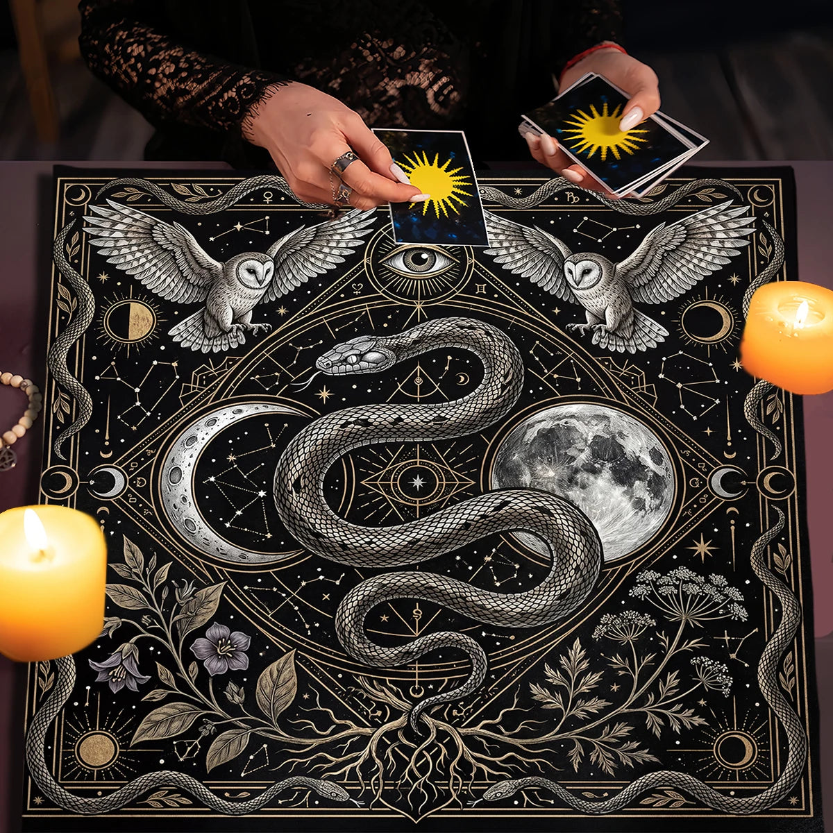 Serpent and owl constellation tarot cloth – mystic divination altar cloth
