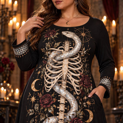 Serpent Skeleton Plus Size Witch Dress – Rose Moon Long Sleeve Maxi – close up of the printed artwork