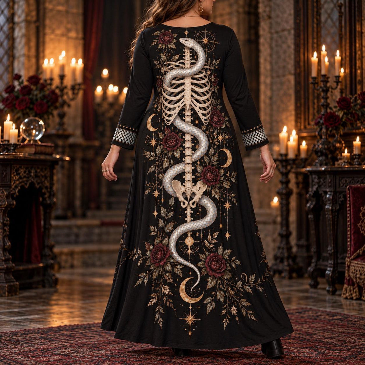 Serpent Skeleton Plus Size Witch Dress – Rose Moon Long Sleeve Maxi – worn, back view