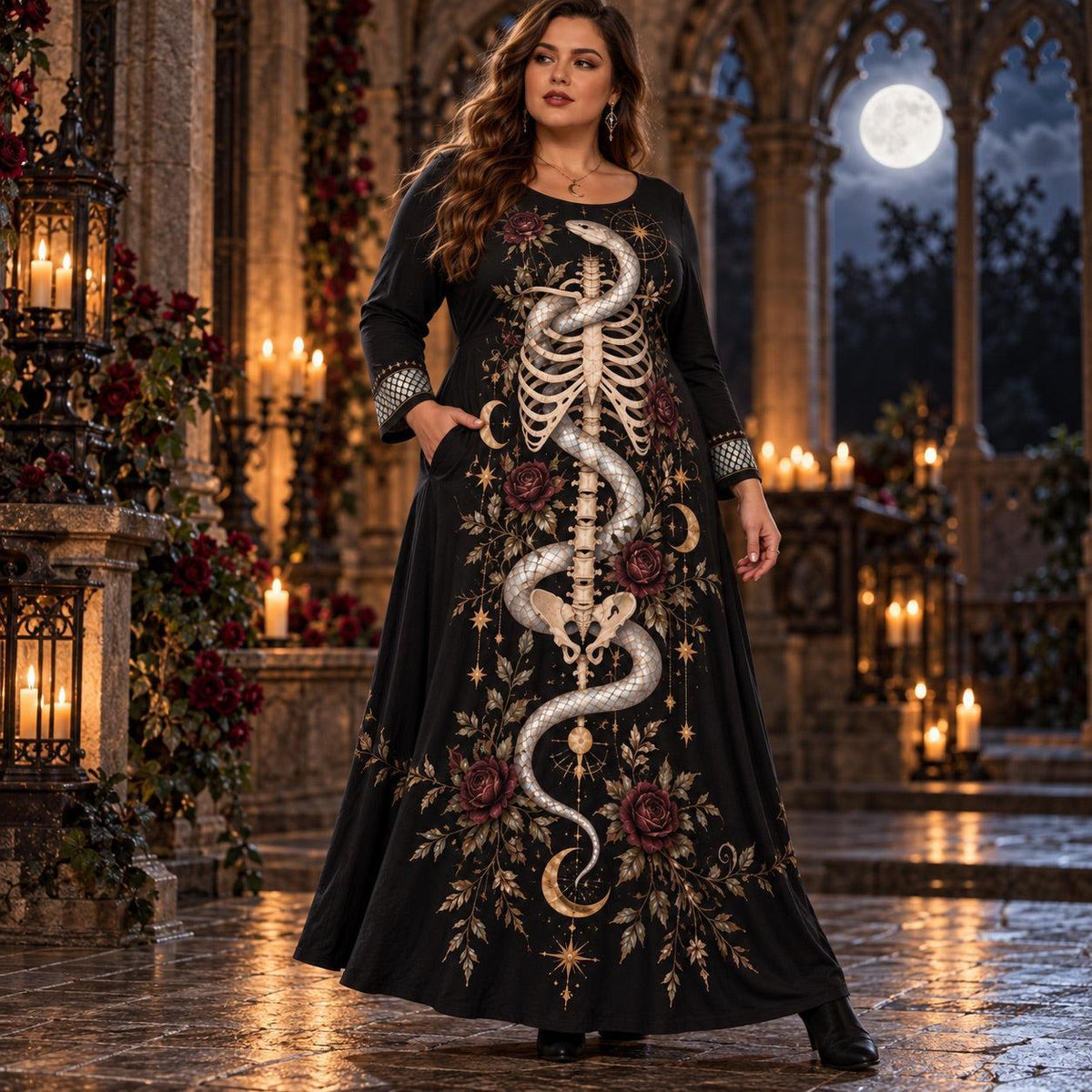 Serpent Skeleton Plus Size Witch Dress – Rose Moon Long Sleeve Maxi – worn, showing the side pocket
