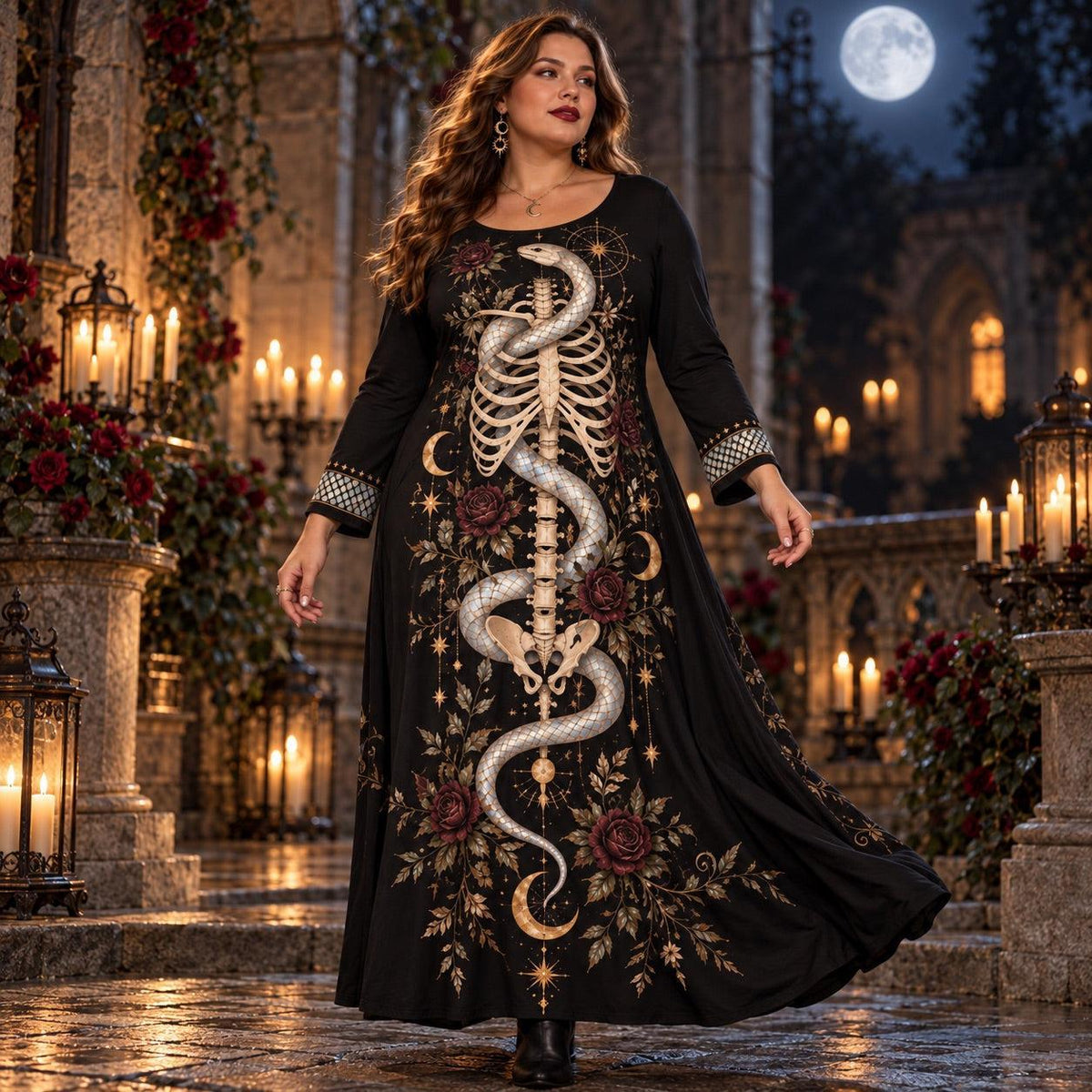 Serpent Skeleton Plus Size Witch Dress – Rose Moon Long Sleeve Maxi – worn, in motion