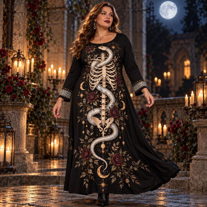Serpent Skeleton Plus Size Witch Dress – Rose Moon Long Sleeve Maxi – worn, in motion