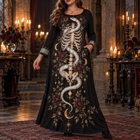 Serpent Skeleton Plus Size Witch Dress – Rose Moon Long Sleeve Maxi – worn, front view