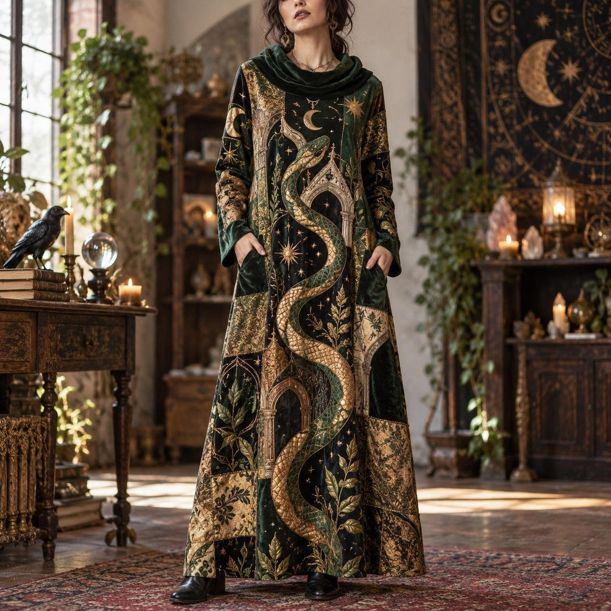 Serpent Temple Oracle Pagan Cowl Neck Dress – Witchy Green Maxi – worn, front view