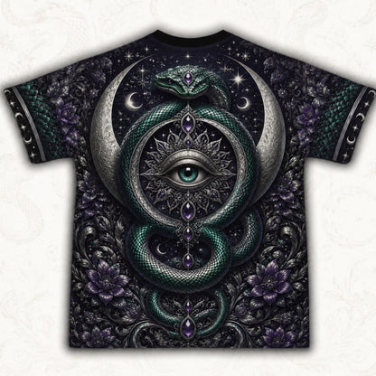 Serpent Witch All Seeing Eye T-Shirt Teal Snake Crescent Tee back view