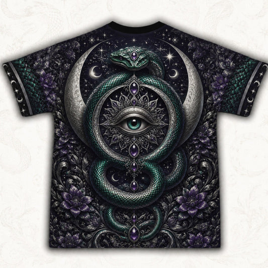Serpent Witch All Seeing Eye T-Shirt Teal Snake Crescent Tee back view