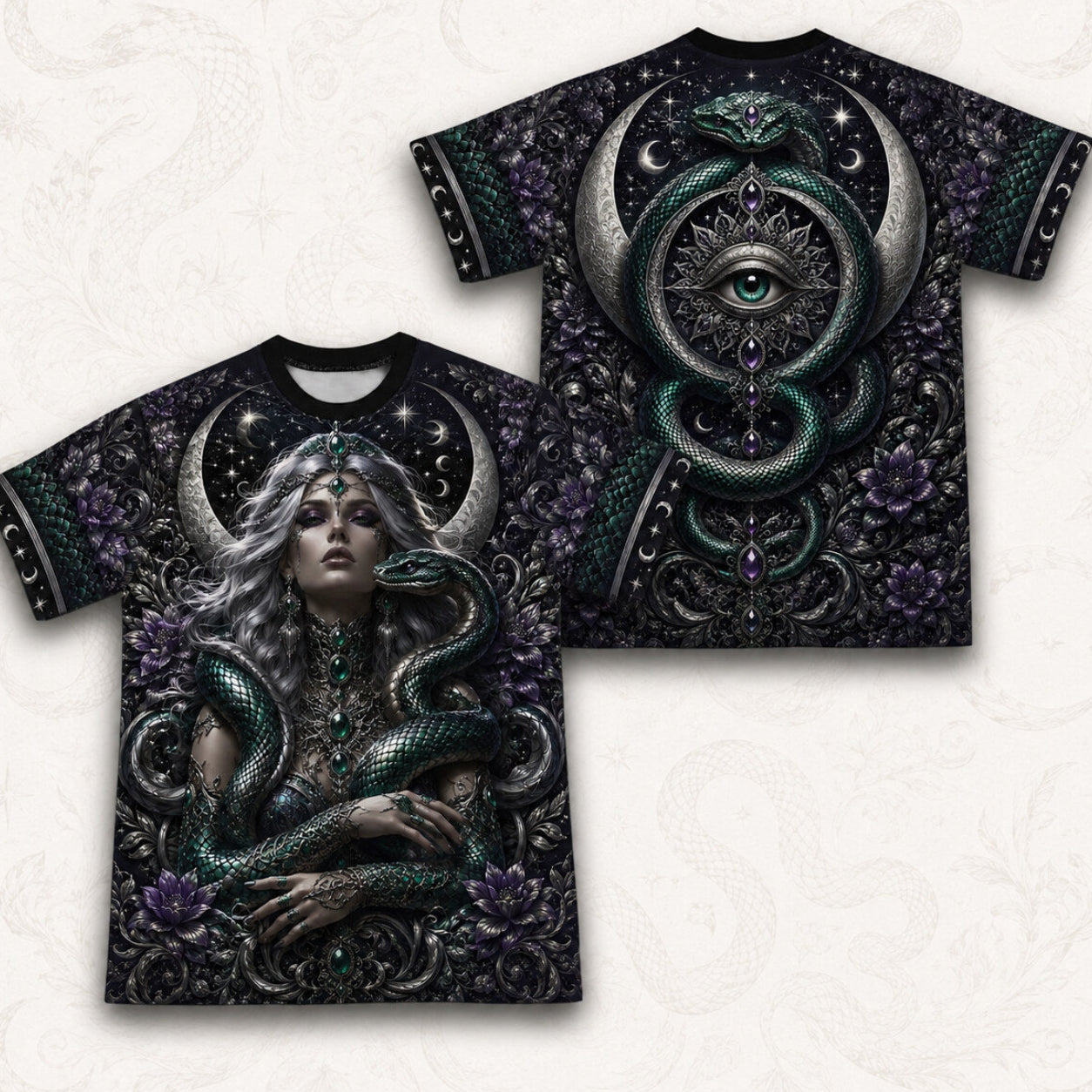 Serpent Witch All Seeing Eye T-Shirt Teal Snake Crescent Tee front and back together