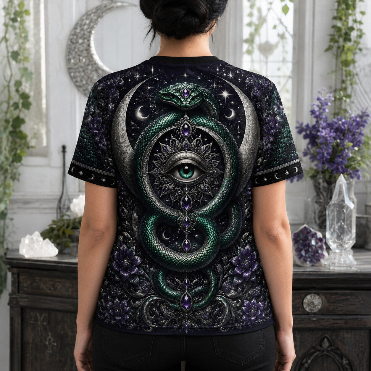 Serpent Witch All Seeing Eye T-Shirt Teal Snake Crescent Tee worn, back view