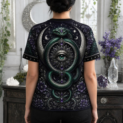 Serpent Witch All Seeing Eye T-Shirt Teal Snake Crescent Tee worn, back view