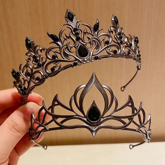 Set 2pcs Black Crystal Crown Gothic Mysterious Headpieces Witchy Hair Accessories for Halloween-MoonChildWorld