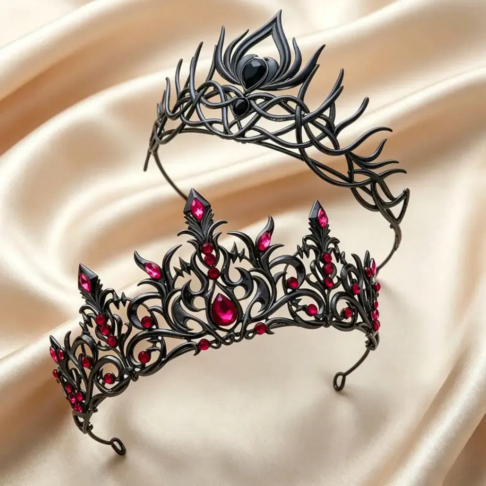 Set 2pcs Gorgeous Mysterious Black & Rose Red Rhinestone Crown Witchy Hair Accessories for Gothic Halloween-MoonChildWorld