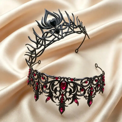 Set 2pcs Gorgeous Mysterious Black & Rose Red Rhinestone Crown Witchy Hair Accessories for Gothic Halloween-MoonChildWorld