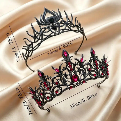 Set 2pcs Gorgeous Mysterious Black & Rose Red Rhinestone Crown Witchy Hair Accessories for Gothic Halloween-MoonChildWorld
