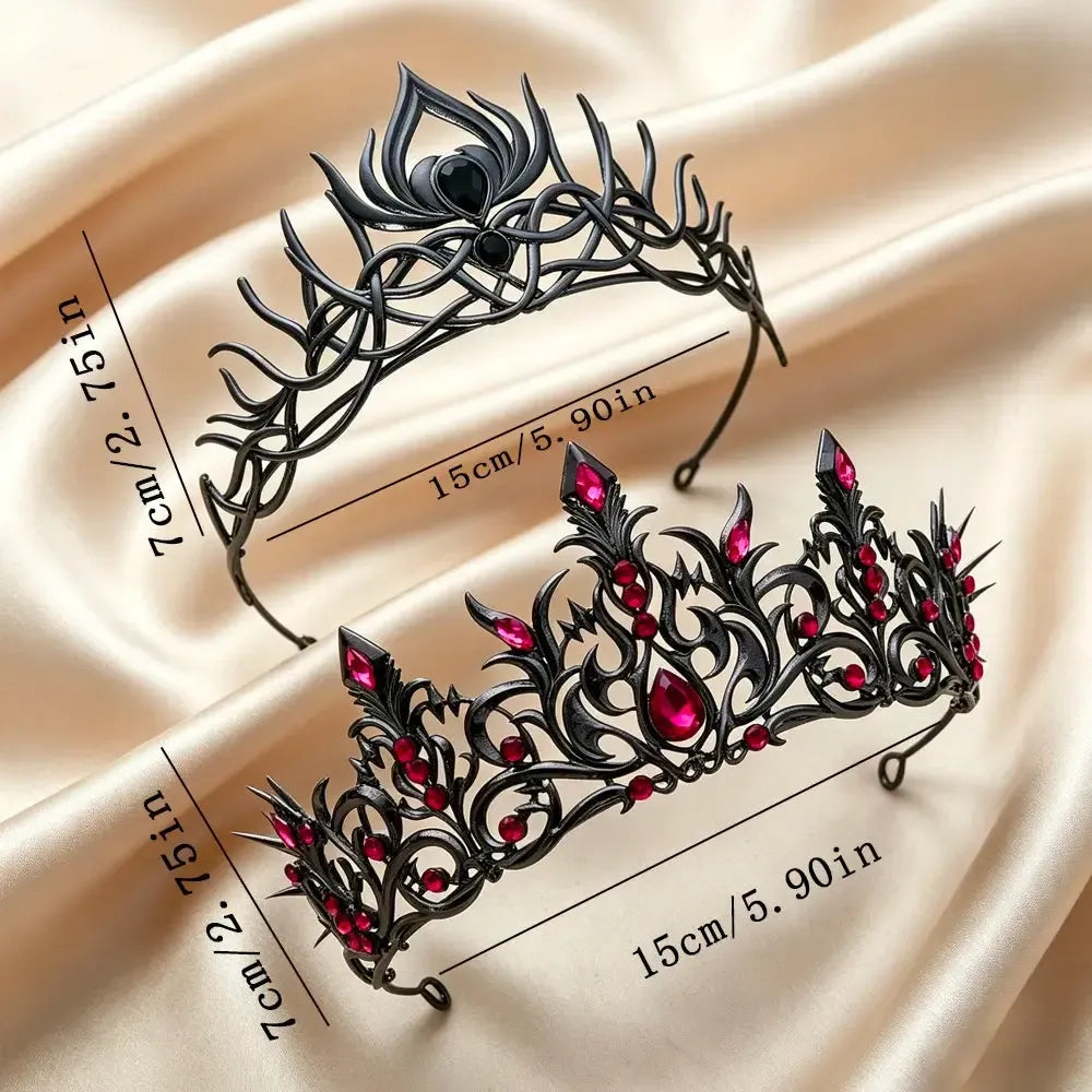 Set 2pcs Gorgeous Mysterious Black & Rose Red Rhinestone Crown Witchy Hair Accessories for Gothic Halloween-MoonChildWorld