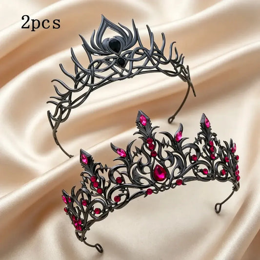 Set 2pcs Gorgeous Mysterious Black & Rose Red Rhinestone Crown Witchy Hair Accessories for Gothic Halloween-MoonChildWorld
