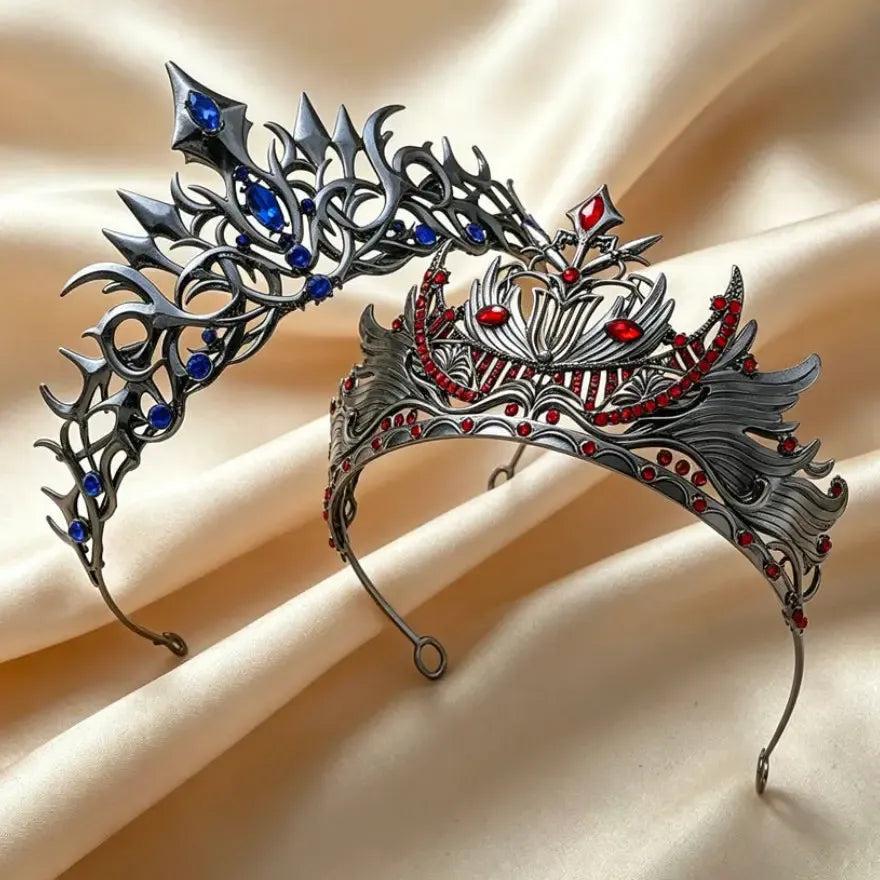 Set 2pcs Gorgeous Mysterious Blue & Red Rhinestone Crown Witchy Hair Accessories for Gothic Halloween-MoonChildWorld