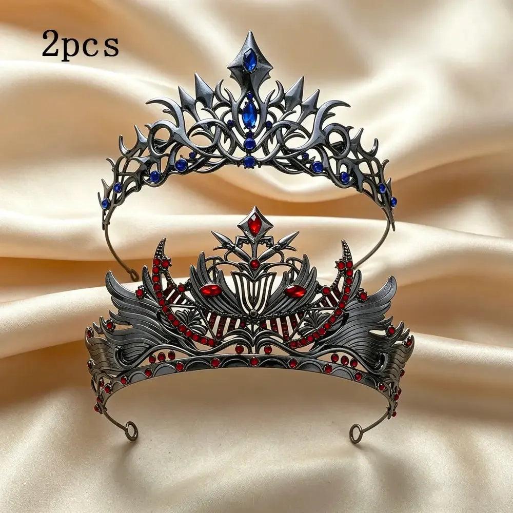 Set 2pcs Gorgeous Mysterious Blue & Red Rhinestone Crown Witchy Hair Accessories for Gothic Halloween-MoonChildWorld