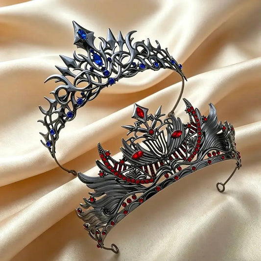 Set 2pcs Gorgeous Mysterious Blue & Red Rhinestone Crown Witchy Hair Accessories for Gothic Halloween-MoonChildWorld