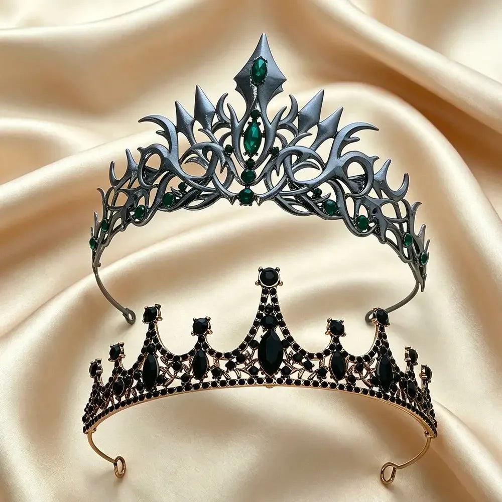 Set 2pcs Gorgeous Mysterious Green & Black Rhinestone Crown Witchy Hair Accessories for Gothic Halloween-MoonChildWorld