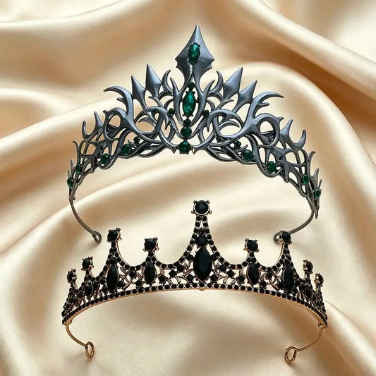 Set 2pcs Gorgeous Mysterious Green & Black Rhinestone Crown Witchy Hair Accessories for Gothic Halloween-MoonChildWorld