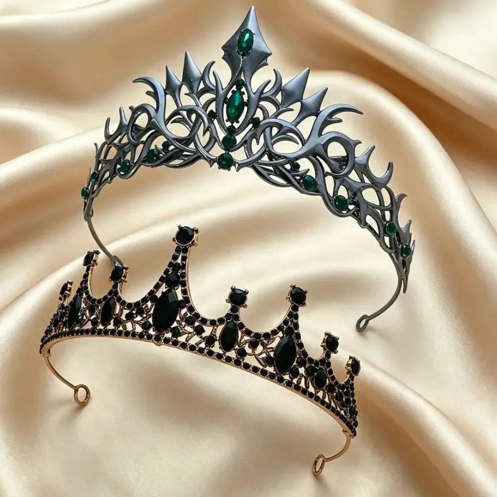 Set 2pcs Gorgeous Mysterious Green & Black Rhinestone Crown Witchy Hair Accessories for Gothic Halloween-MoonChildWorld