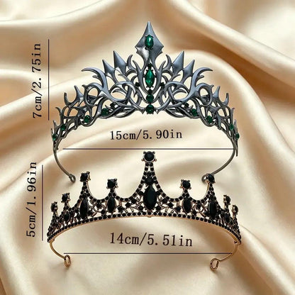 Set 2pcs Gorgeous Mysterious Green & Black Rhinestone Crown Witchy Hair Accessories for Gothic Halloween-MoonChildWorld