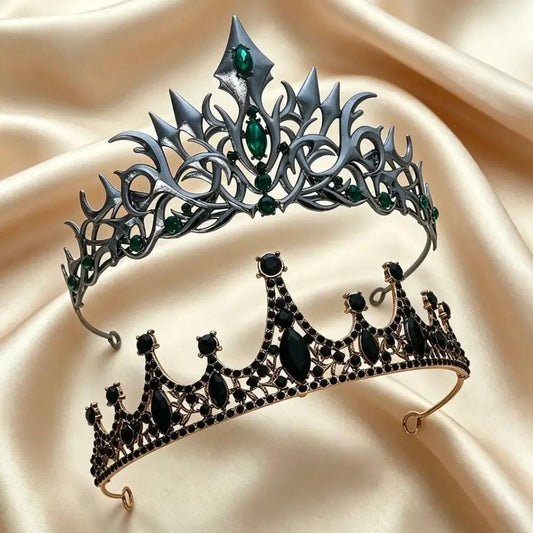 Set 2pcs Gorgeous Mysterious Green & Black Rhinestone Crown Witchy Hair Accessories for Gothic Halloween-MoonChildWorld