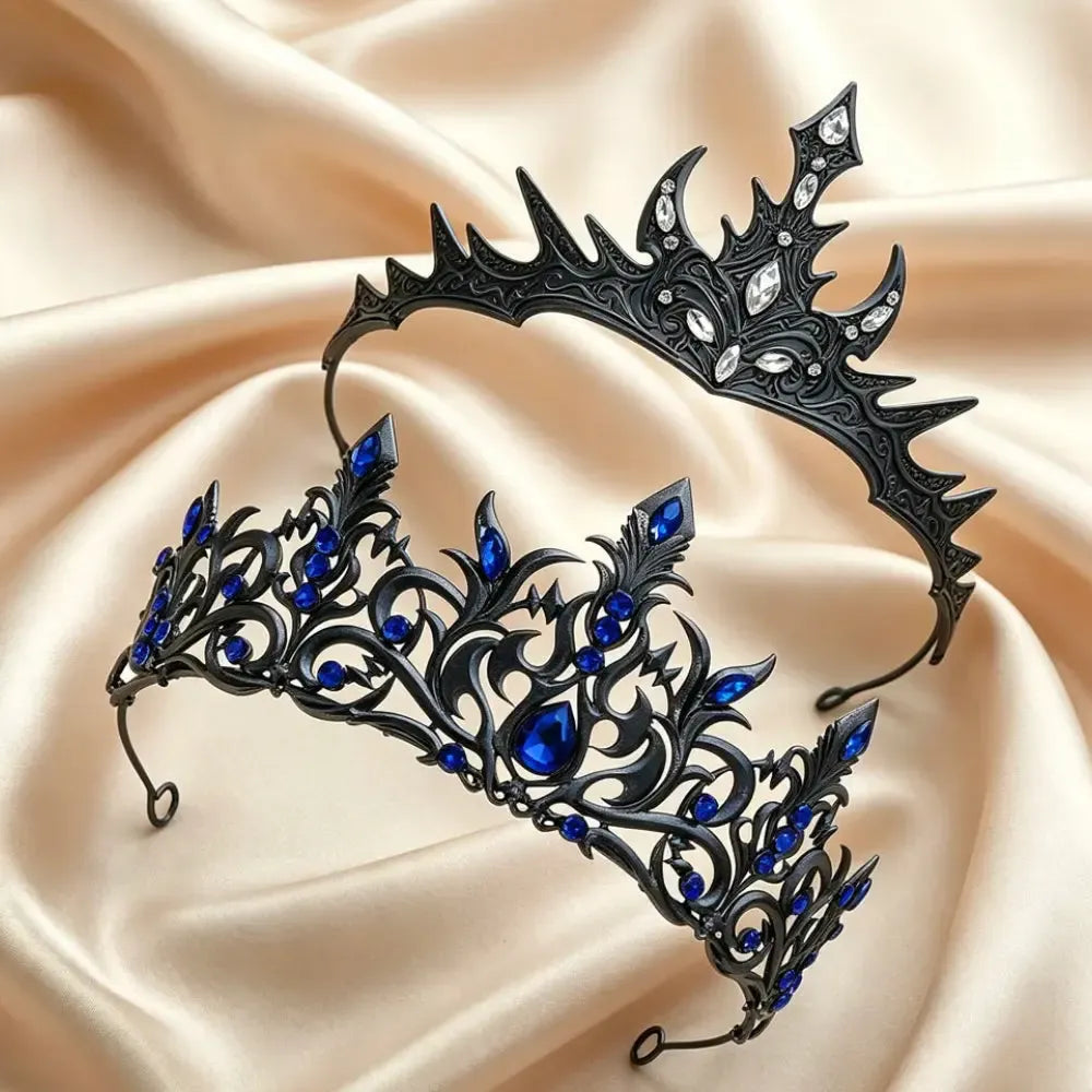 Set 2pcs Gorgeous Mysterious Rhinestone Crown Witchy Hair Accessories for Gothic Halloween-MoonChildWorld