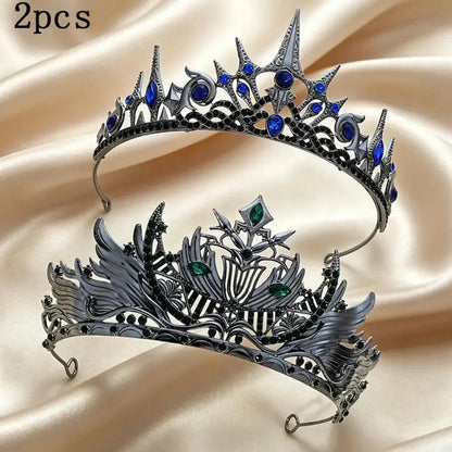 Set 2pcs Gorgeous Mysterious Rhinestone Crown Witchy Hair Accessories for Gothic Halloween-MoonChildWorld
