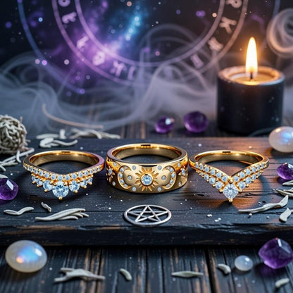 Set 3pcs Celestial Sun Moon Ring Wiccan and Pagan Jewelry-MoonChildWorld