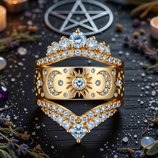 Set 3pcs Celestial Sun Moon Ring Wiccan and Pagan Jewelry-MoonChildWorld