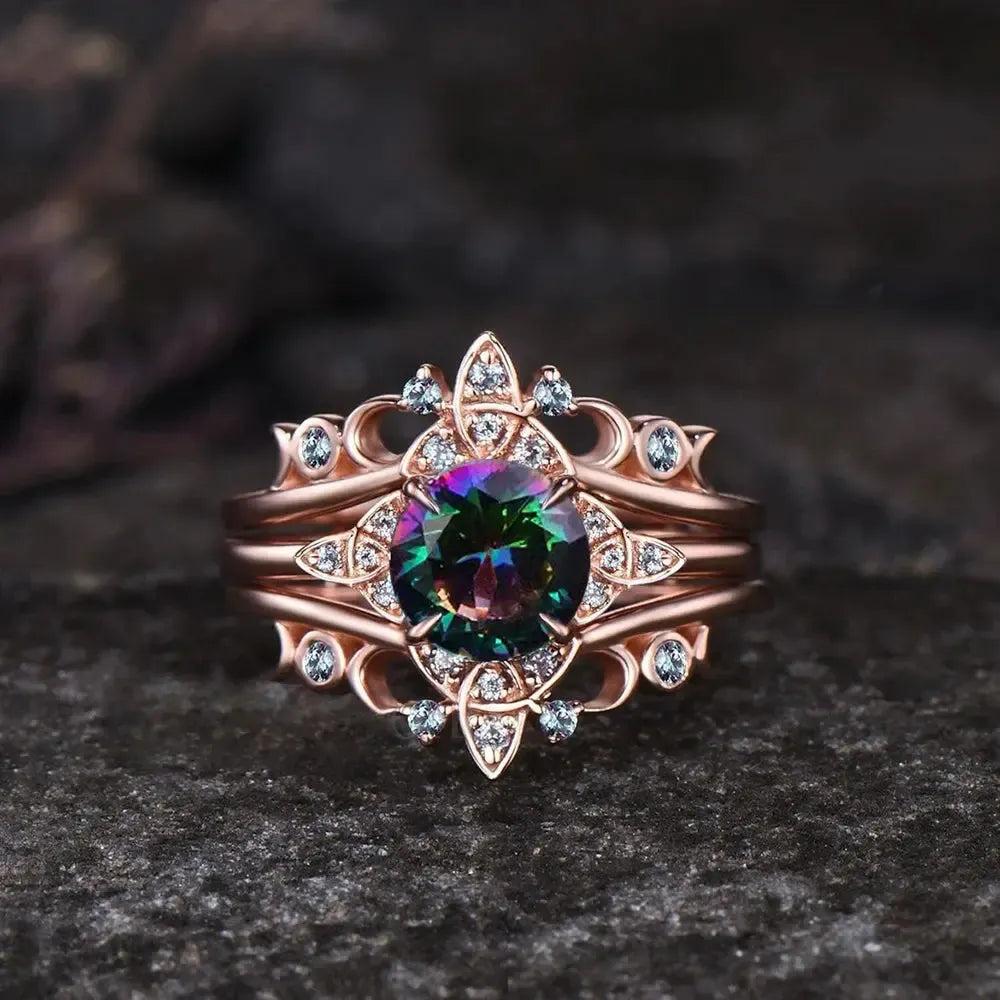 Set of 3 Colorful Quartz Crystal Celtic Knot Triple Moon Wiccan Ring Witch Jewelry-MoonChildWorld