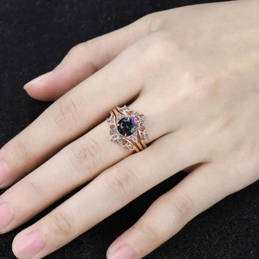 Set of 3 Colorful Quartz Crystal Celtic Knot Triple Moon Wiccan Ring Witch Jewelry-MoonChildWorld