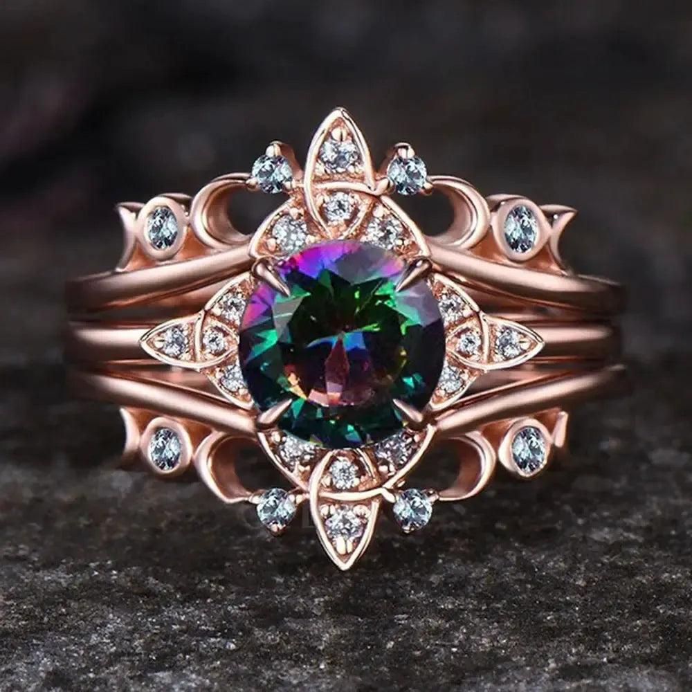 Set of 3 Colorful Quartz Crystal Celtic Knot Triple Moon Wiccan Ring Witch Jewelry-MoonChildWorld