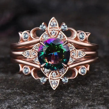 Set of 3 Colorful Quartz Crystal Celtic Knot Triple Moon Wiccan Ring Witch Jewelry-MoonChildWorld