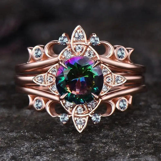 Set of 3 Colorful Quartz Crystal Celtic Knot Triple Moon Wiccan Ring Witch Jewelry-MoonChildWorld