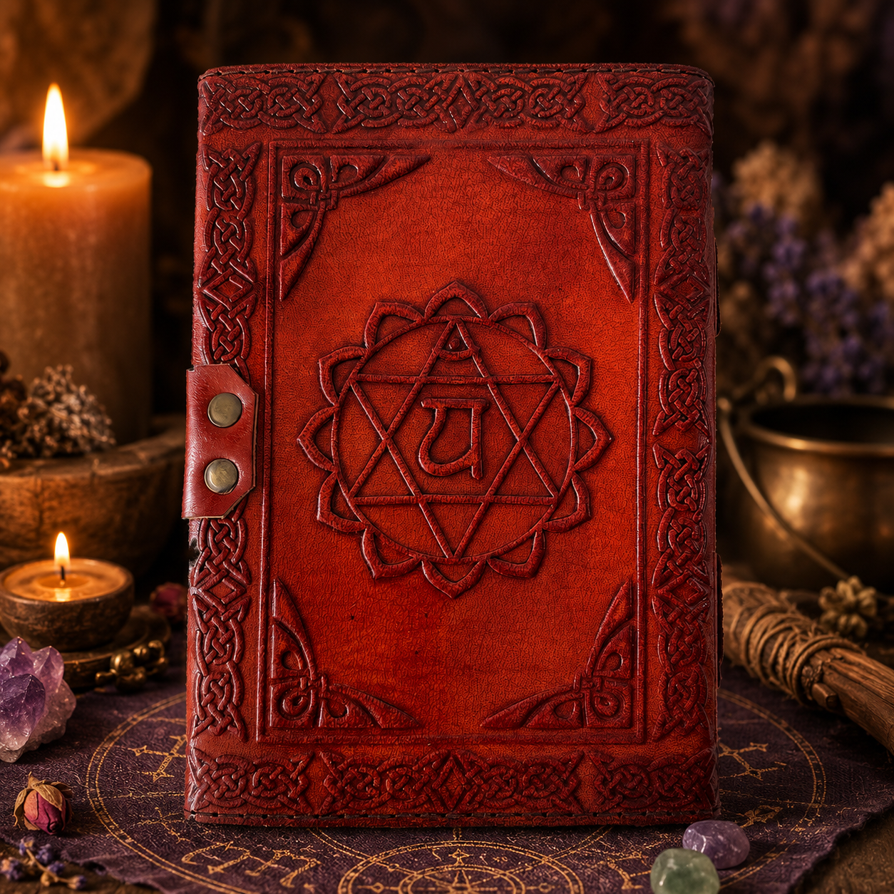 Seven chakra embossed leather journal – handmade book of shadows spell notebook, Wiccan Pagan writing, view 2