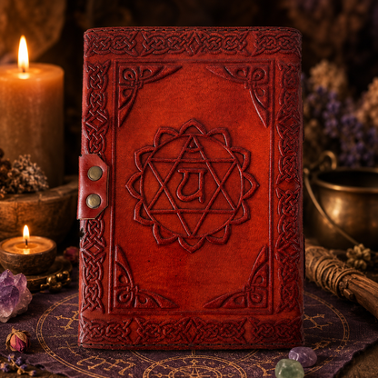 Seven chakra embossed leather journal – handmade book of shadows spell notebook, Wiccan Pagan writing, view 2